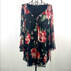 New Naif Sheer Floral Blouse Woman’s Size 2X 3/4 Sleeve‎ Red Black
